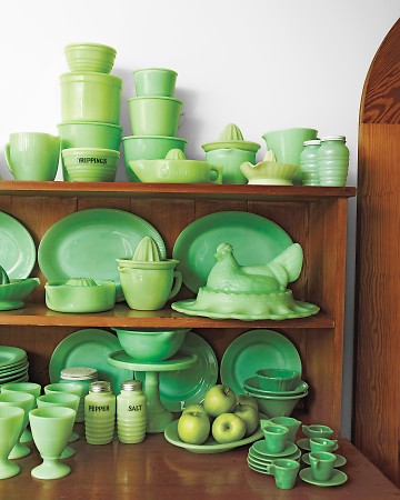 The glassware known as jadeite was manufactured by several companies and enjoyed great popularity during the 1920's and through the Depression. It's considered very collectible today. Photo by Paul Costello via marthastewart.com.