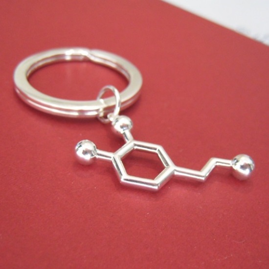 Geek chic: a keychain adorned with the molecular structure for dopamine (you know, the chemical that's released when we experience feelings of LOVE). $65. See also Caffiene, Chocolate, and Red Wine by from Etsy shop molecularmuse of Hawaii.