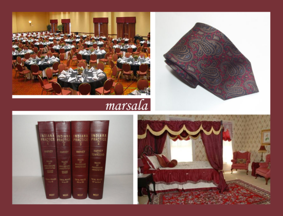 Here's my take on the color inpiratons for Marsala. ACTUAL leather law books, Bed & Breakfast, and  hotel conference center. Bonus: a vintage 1980's paisley tie.