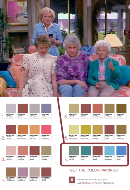 Exhibit B: The Golden Girls. Pantone suggests pairing turquoise with Marsala, for added 80's oomph that Dorothy and her friends would approve.